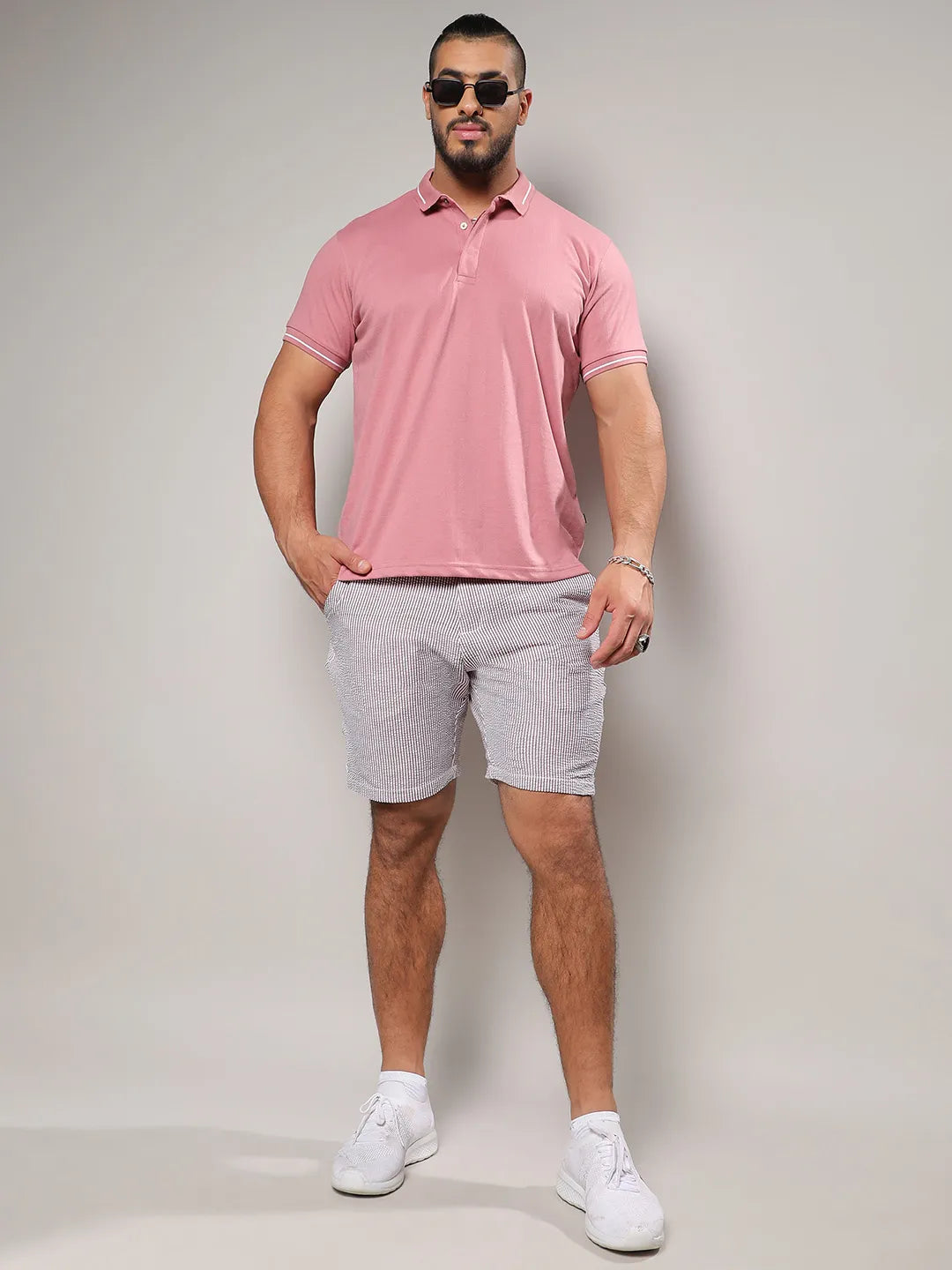 Coral Pink Self-Design Halo Striped T-Shirt
