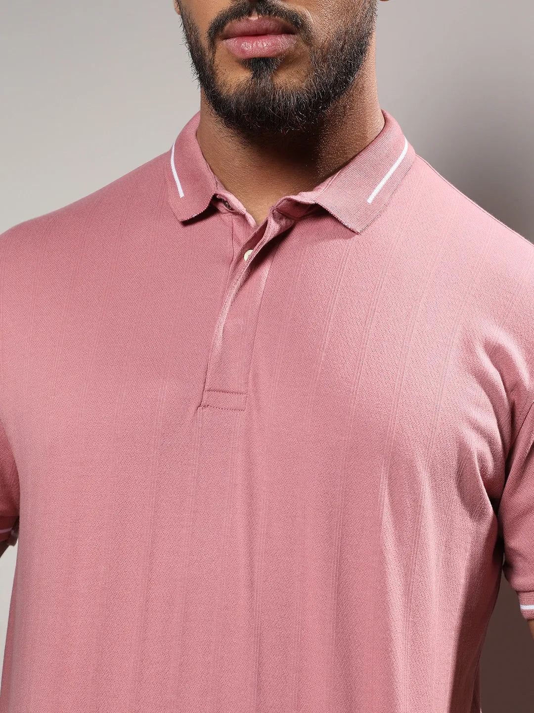 Coral Pink Self-Design Halo Striped T-Shirt