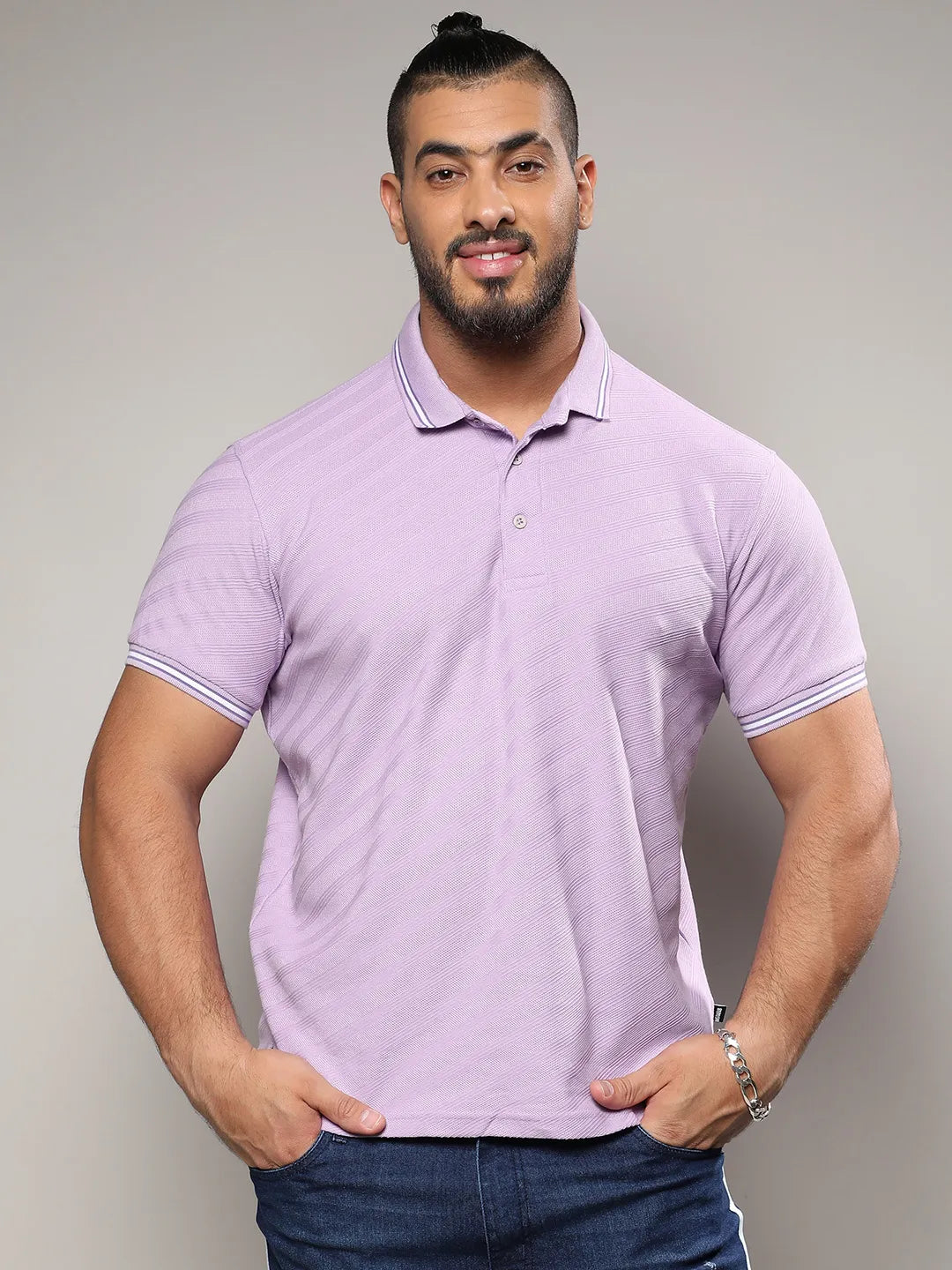 Lavender Self-Design Regimental Striped T-Shirt