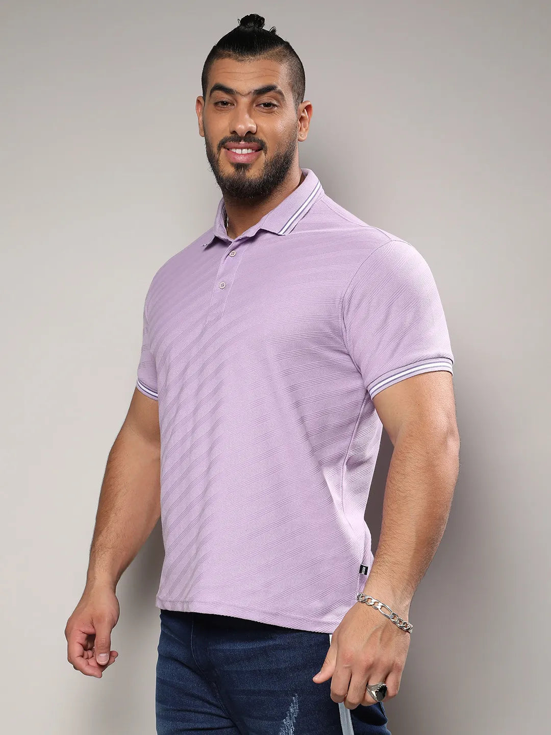 Lavender Self-Design Regimental Striped T-Shirt