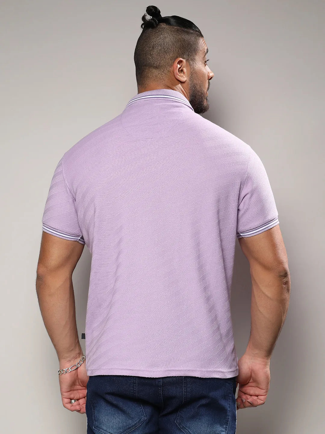 Lavender Self-Design Regimental Striped T-Shirt
