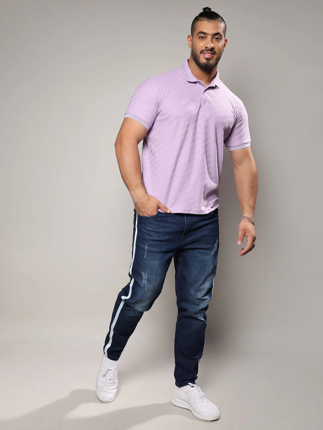 Lavender Self-Design Regimental Striped T-Shirt