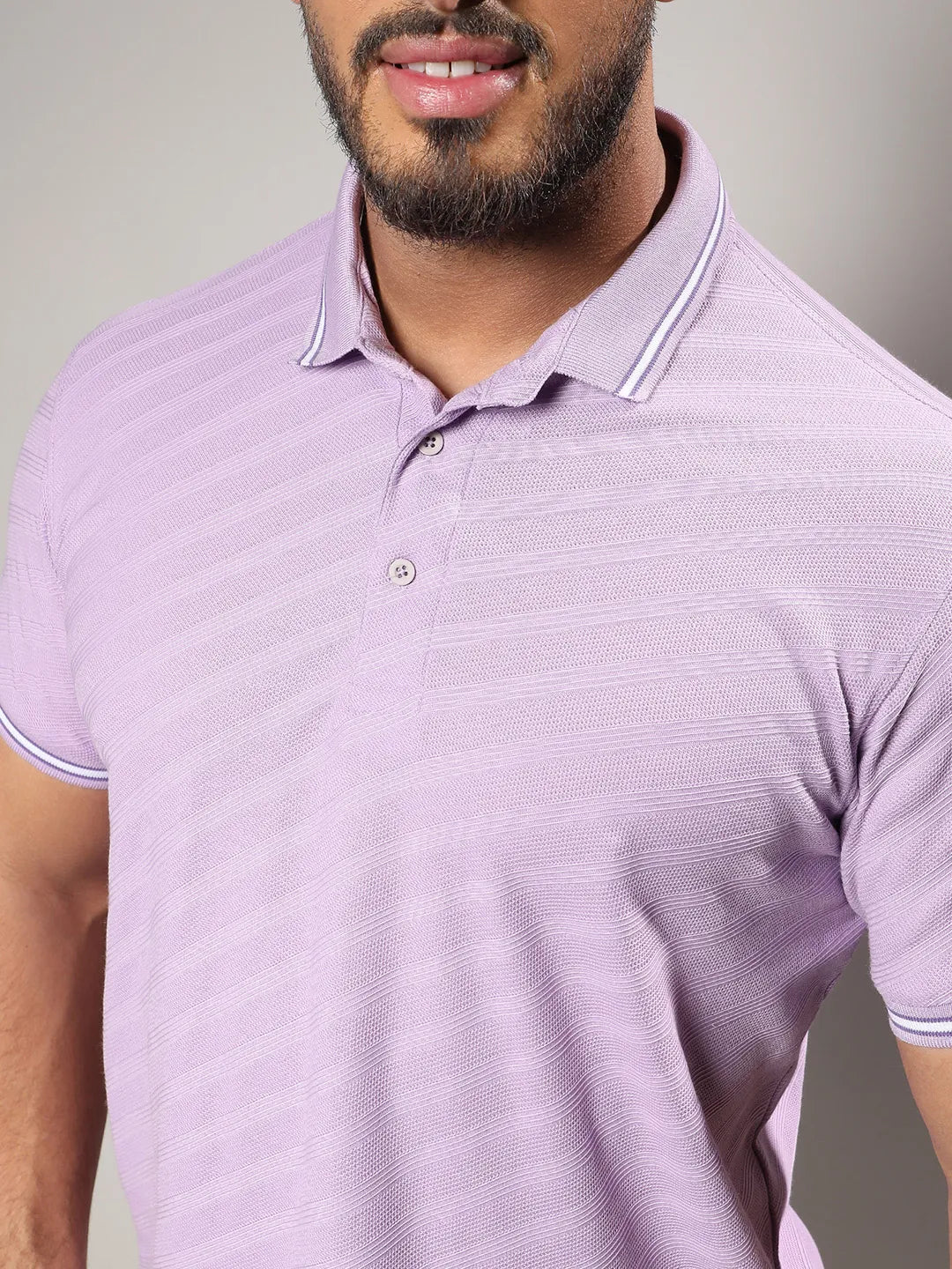 Lavender Self-Design Regimental Striped T-Shirt