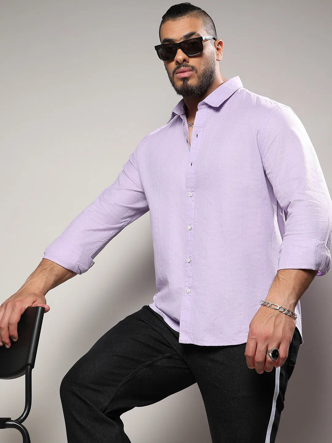 Lavender Self-Design Striped Shirt