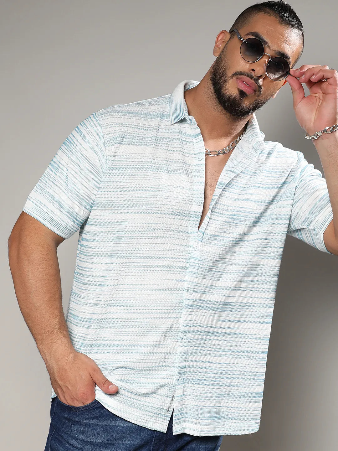 Light Blue & White Textured Horizontal Striped Shirt