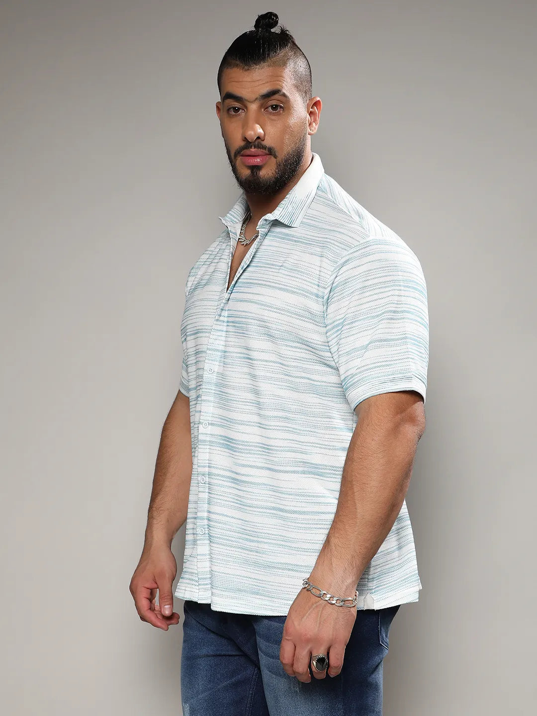 Light Blue & White Textured Horizontal Striped Shirt