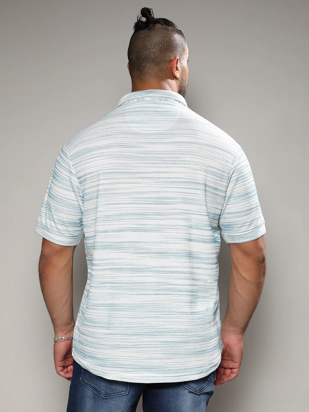Light Blue & White Textured Horizontal Striped Shirt