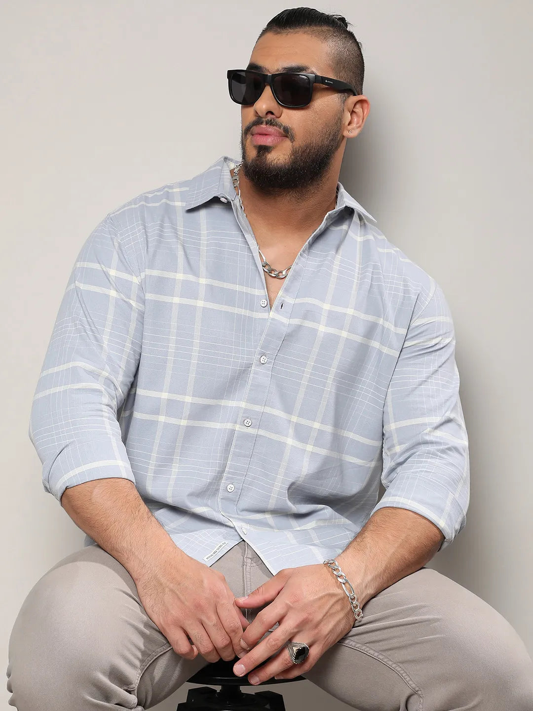 Light Grey Contrast Tartan Plaid Shirt