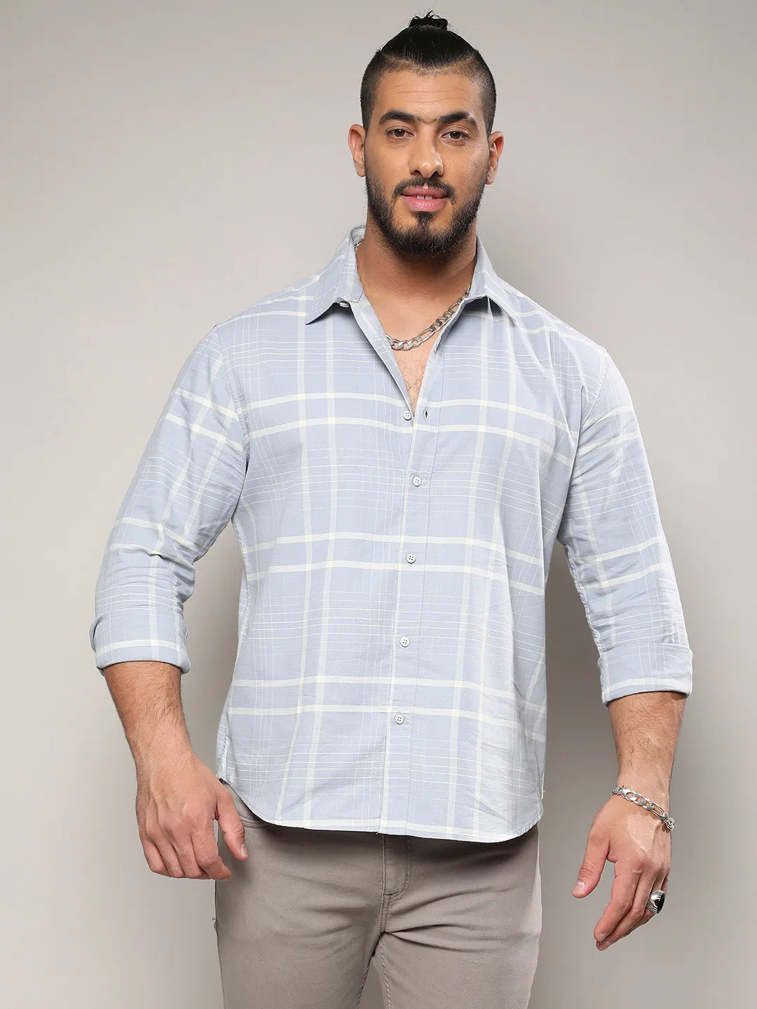 Light Grey Contrast Tartan Plaid Shirt