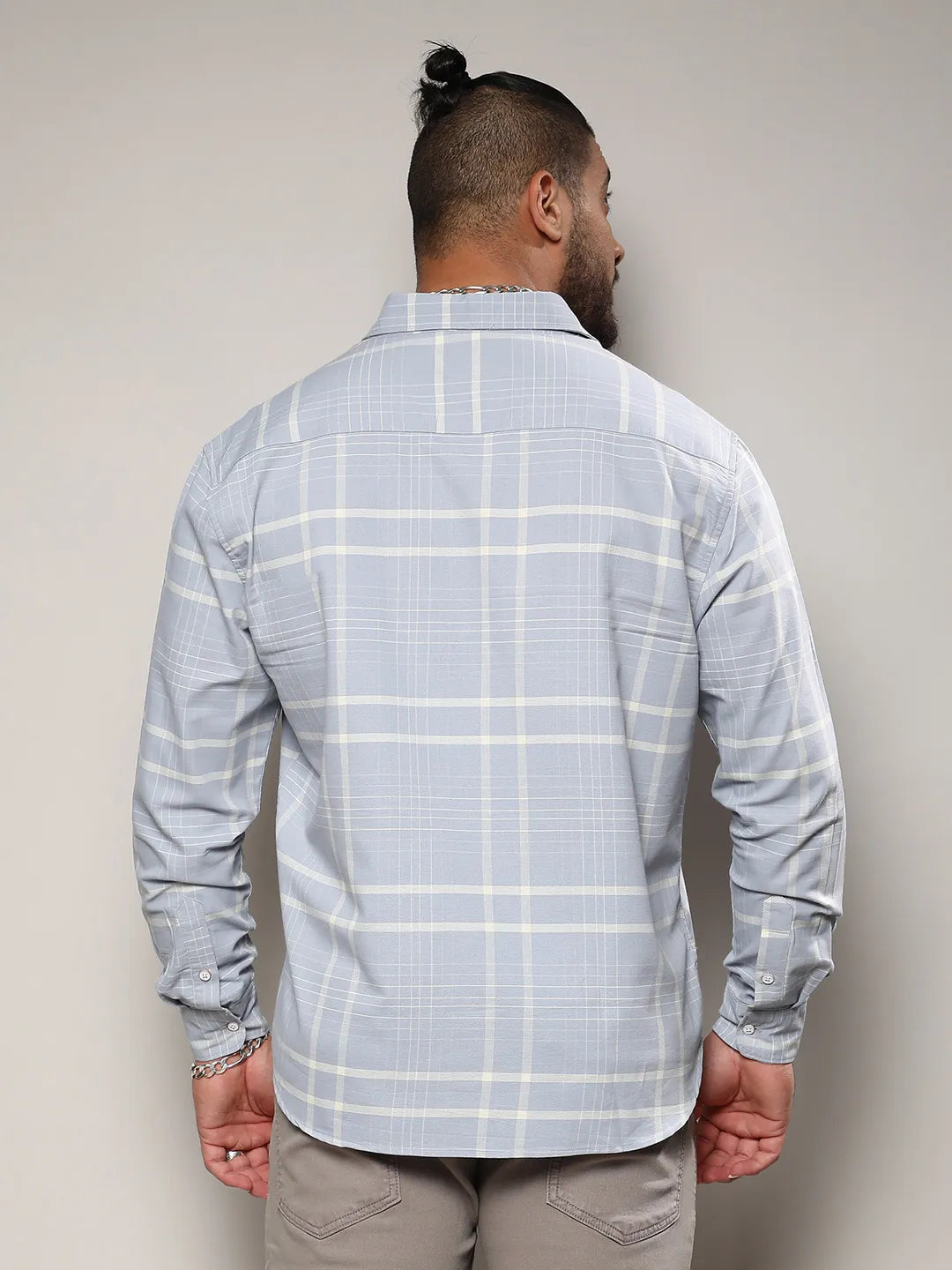 Light Grey Contrast Tartan Plaid Shirt