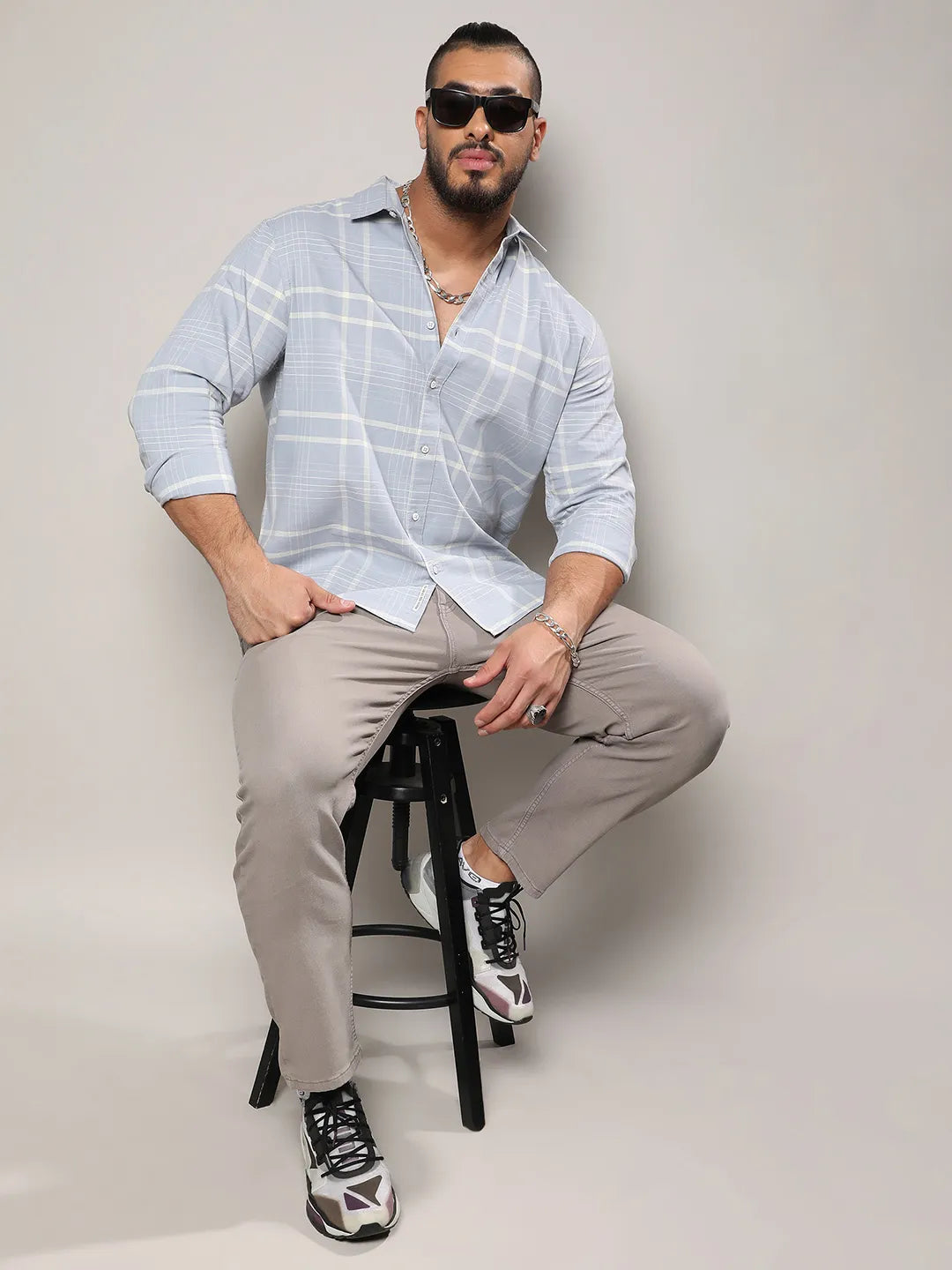 Light Grey Contrast Tartan Plaid Shirt