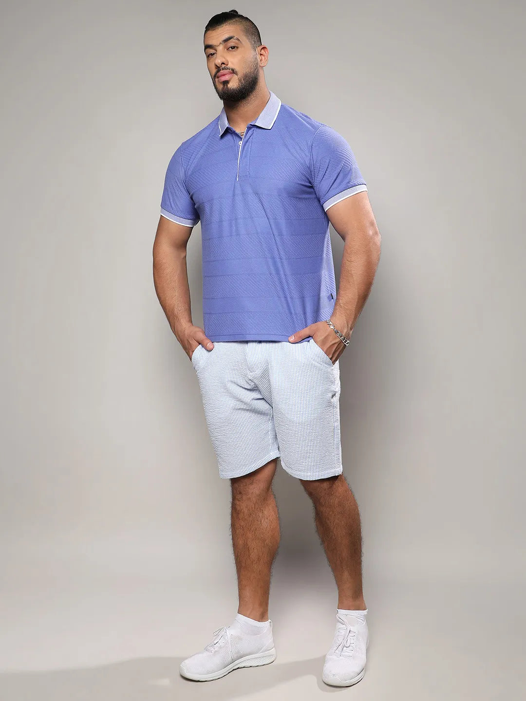 Lilac Self-Design Horizontal Striped T-Shirt