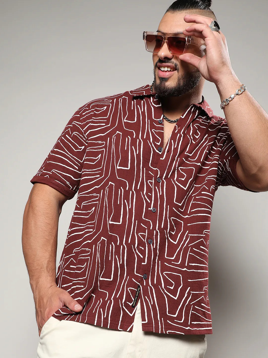 Maroon Red Abstract Lines Print Shirt