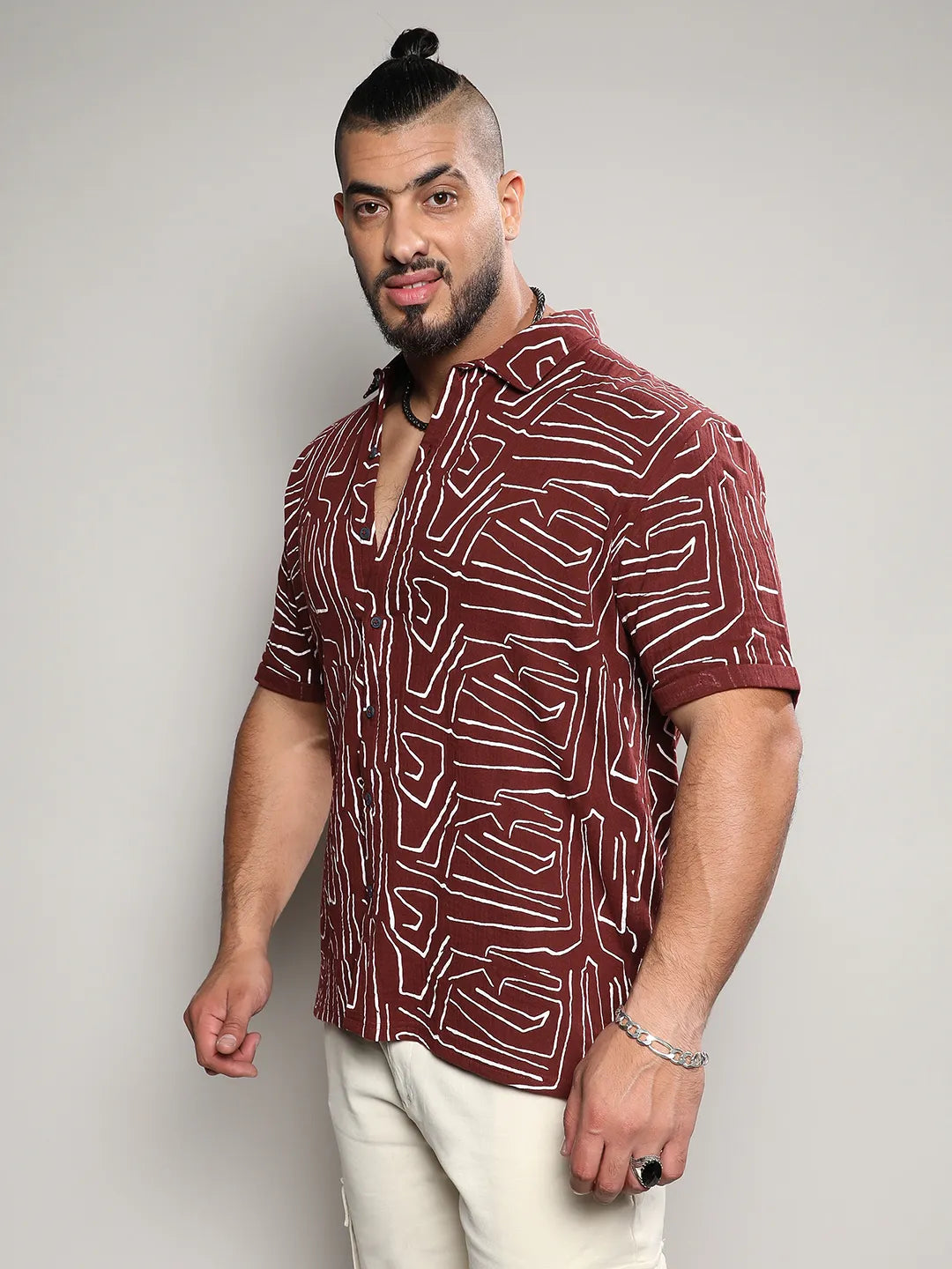 Maroon Red Abstract Lines Print Shirt