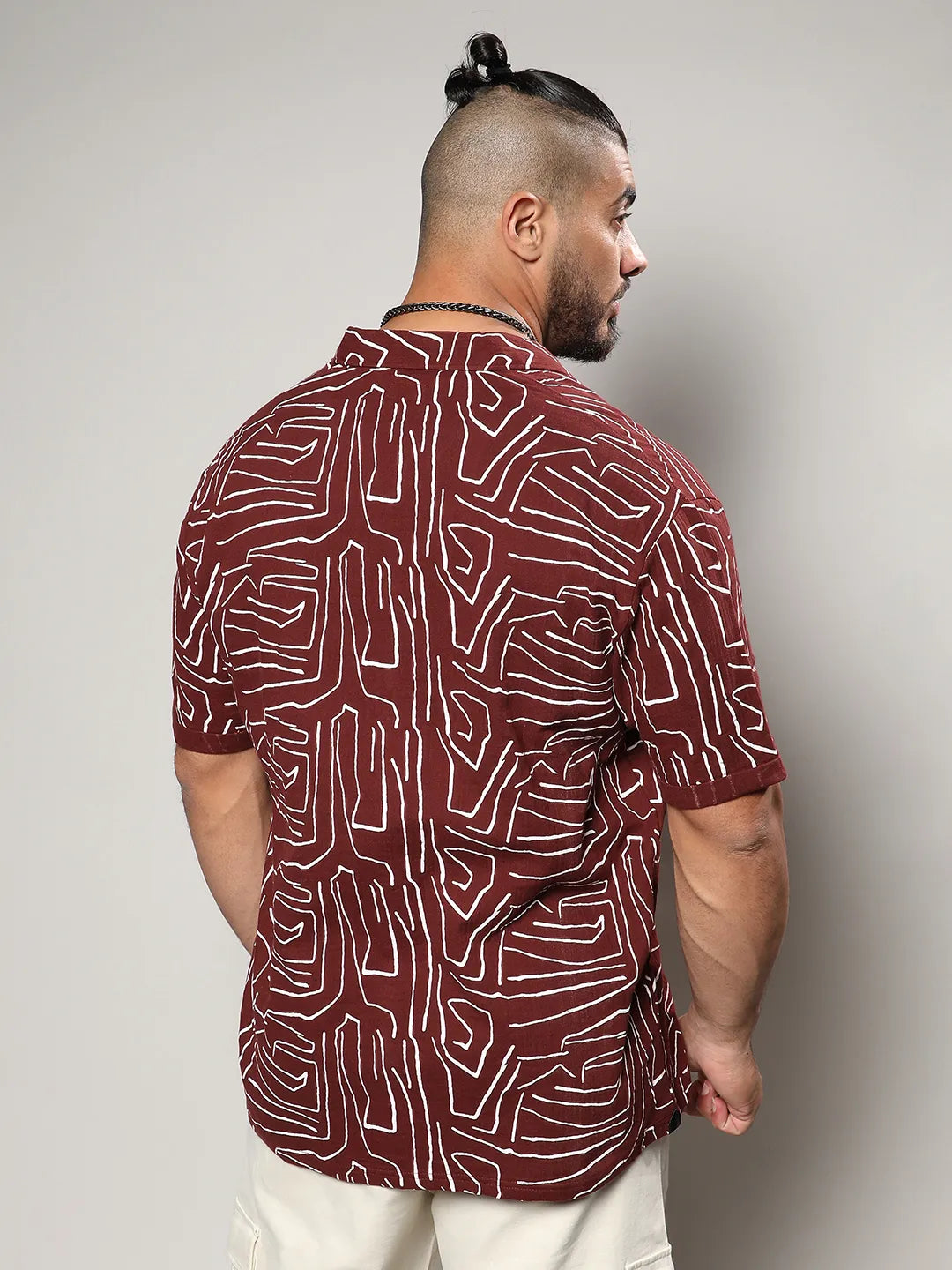 Maroon Red Abstract Lines Print Shirt