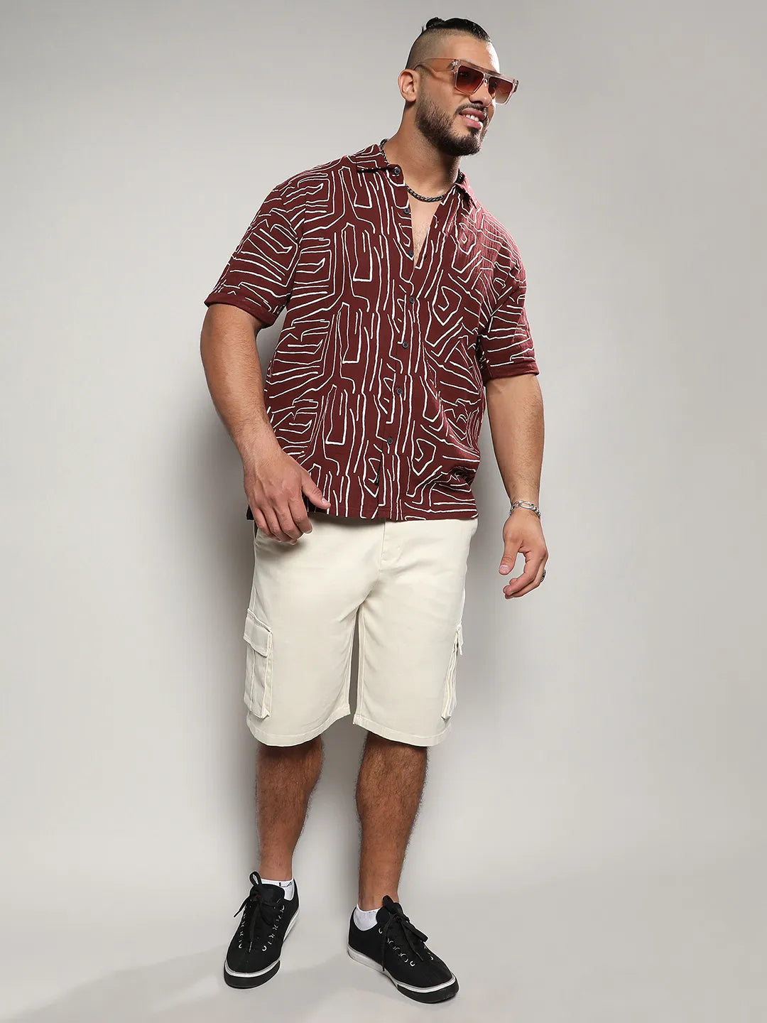 Maroon Red Abstract Lines Print Shirt