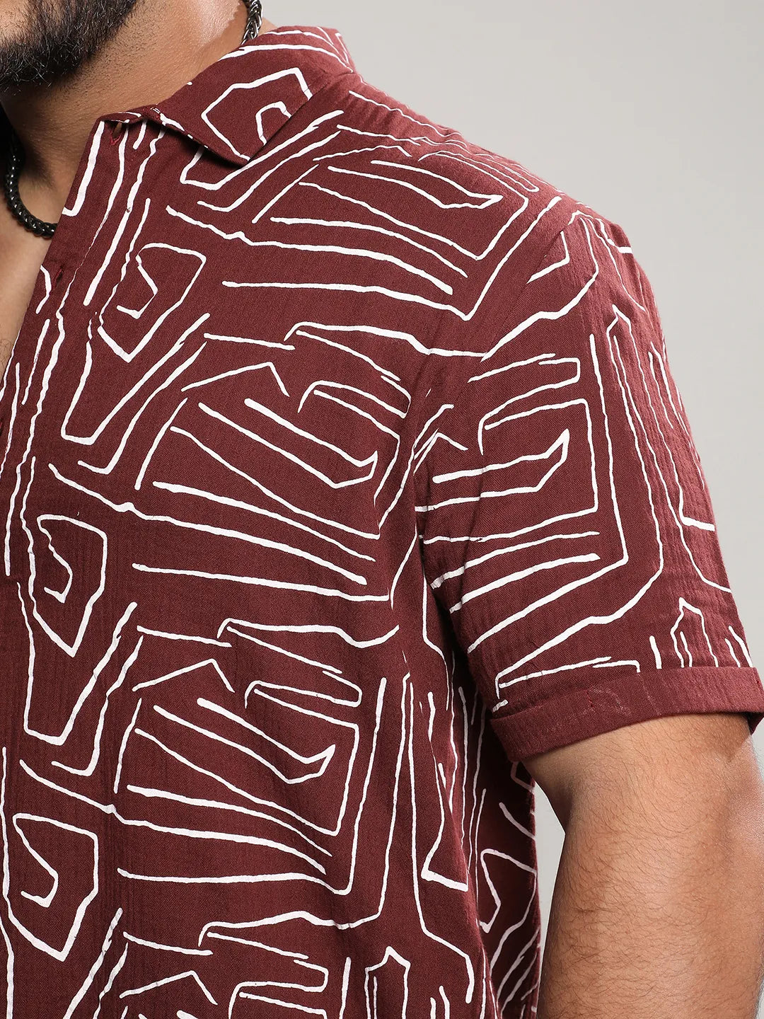 Maroon Red Abstract Lines Print Shirt