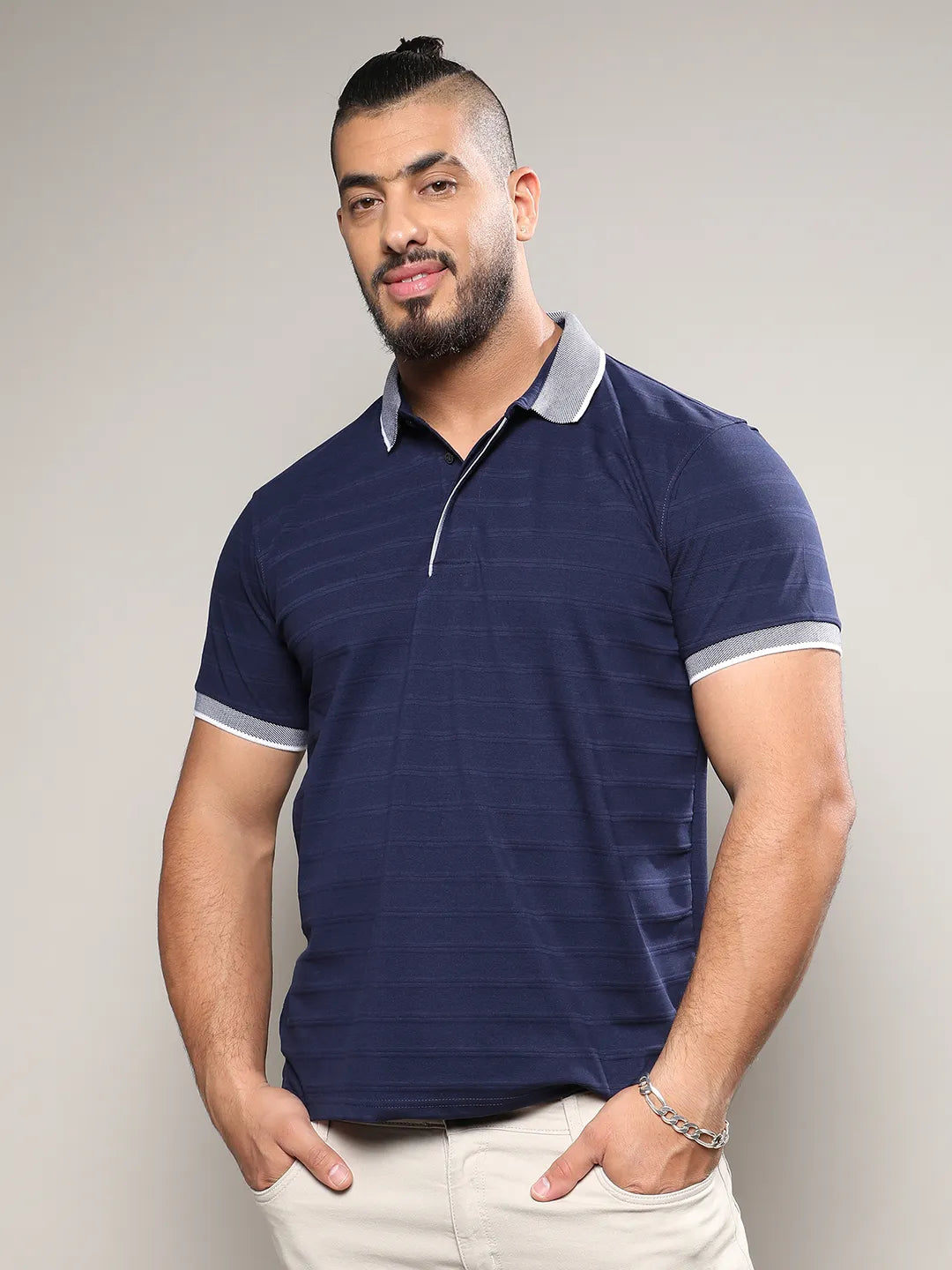 Midnight Blue Self-Design Horizontal Striped T-Shirt