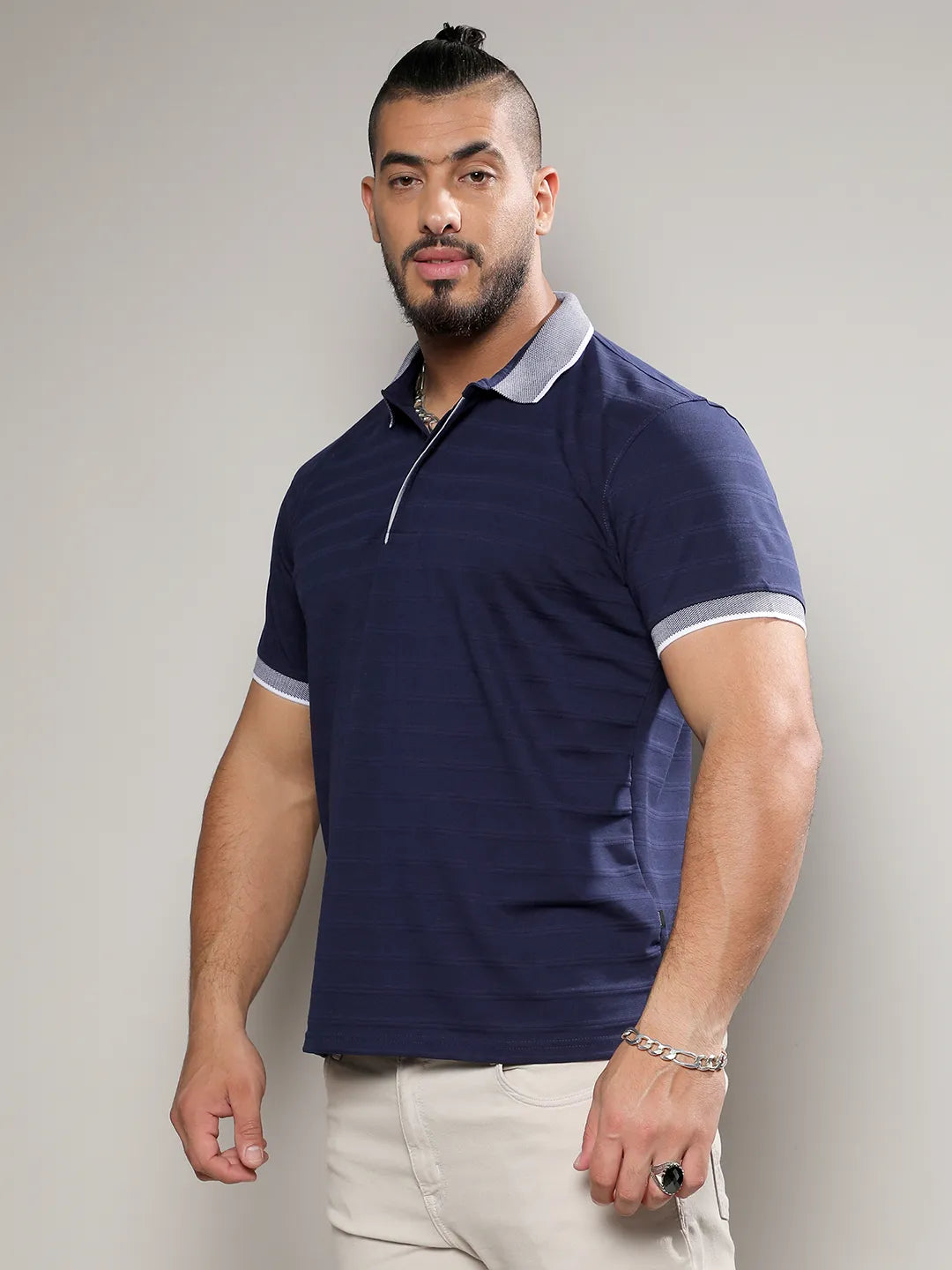 Midnight Blue Self-Design Horizontal Striped T-Shirt