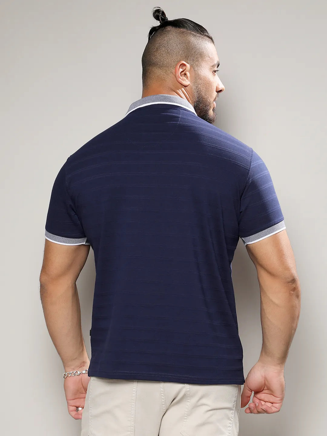 Midnight Blue Self-Design Horizontal Striped T-Shirt