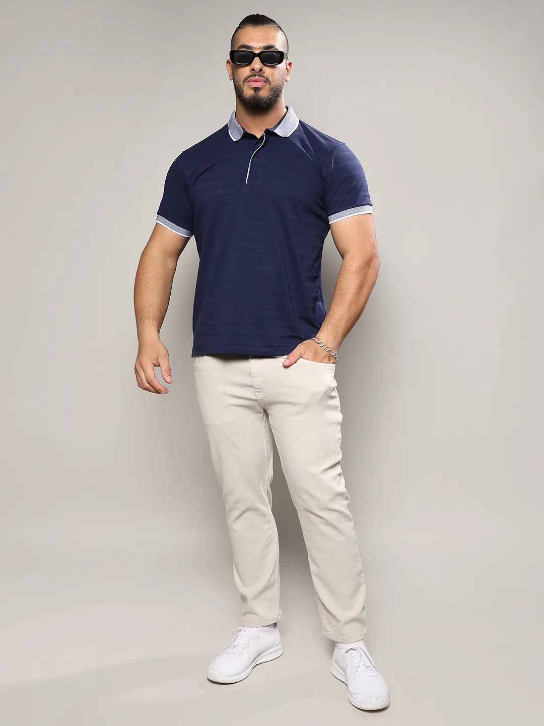 Midnight Blue Self-Design Horizontal Striped T-Shirt