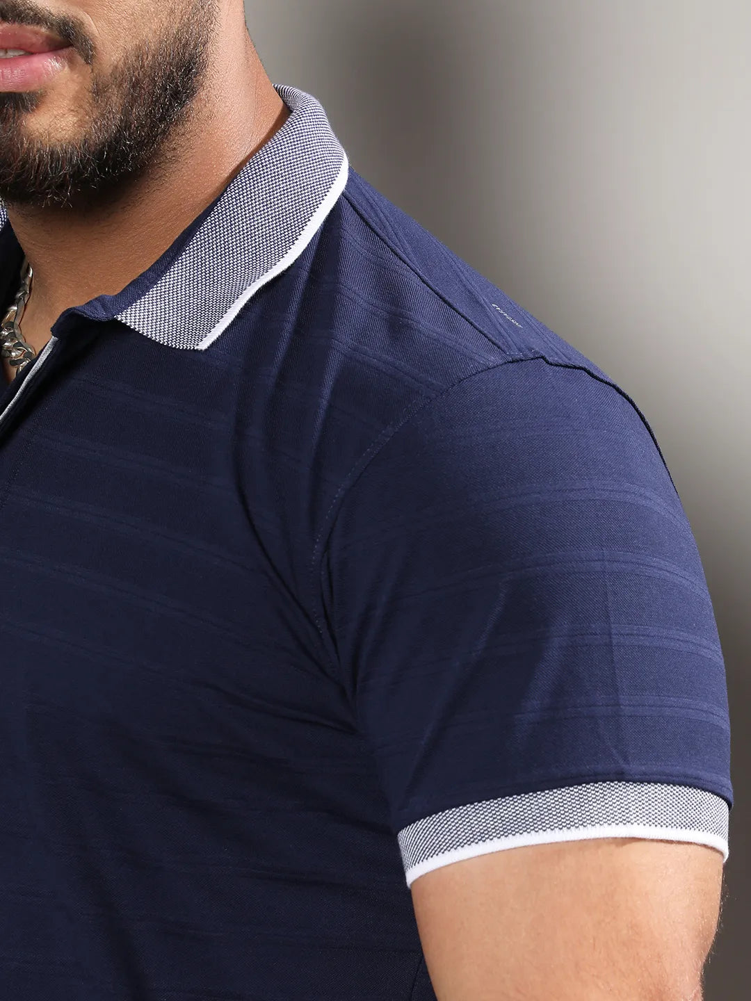 Midnight Blue Self-Design Horizontal Striped T-Shirt