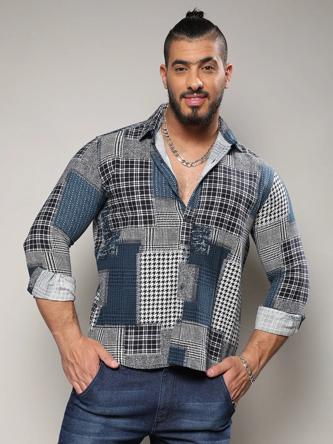 Navy Blue Herringbone Block Shirt