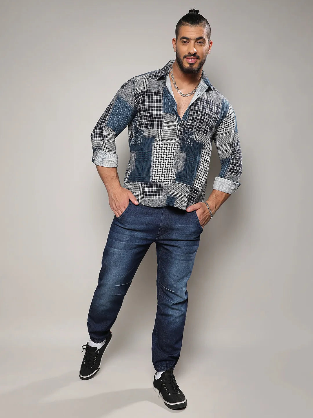 Navy Blue Herringbone Block Shirt