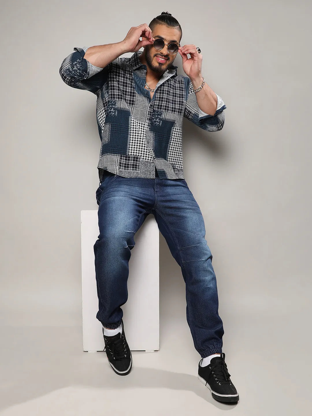 Navy Blue Herringbone Block Shirt