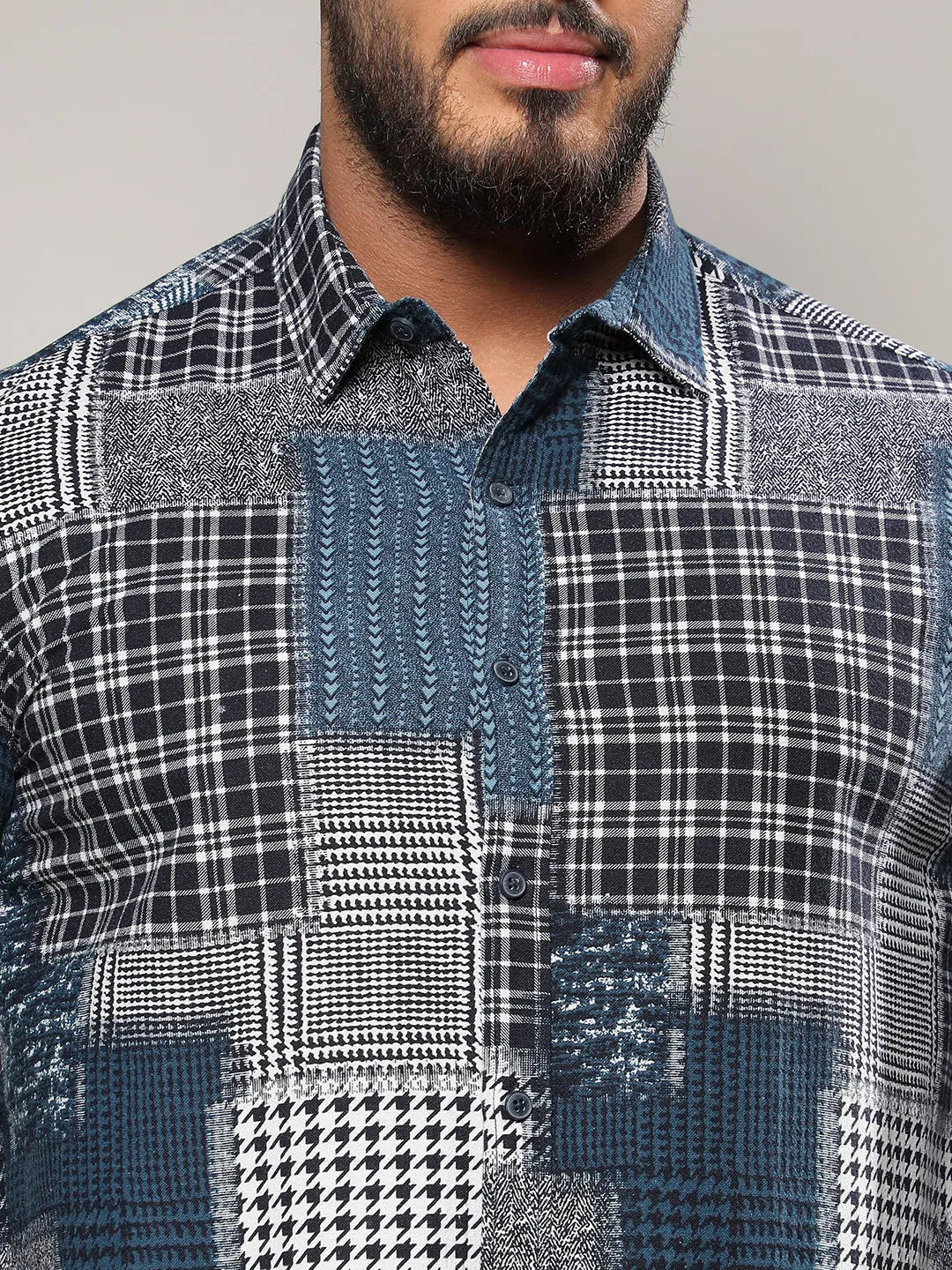 Navy Blue Herringbone Block Shirt