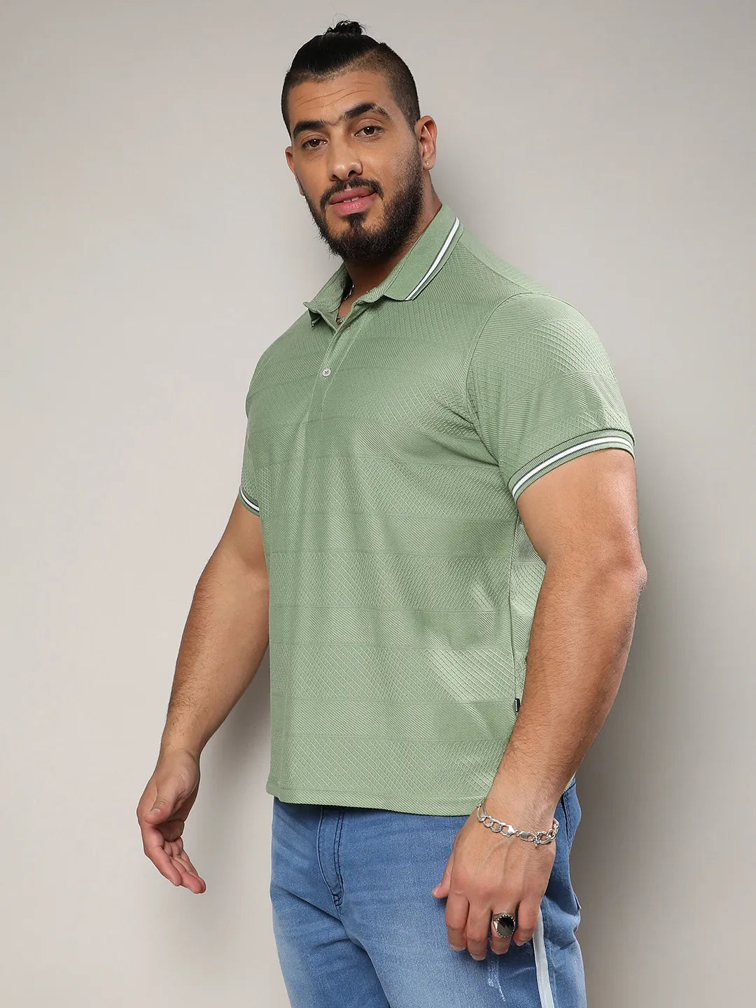Olive Green Self-Design Horizontal Striped T-Shirt