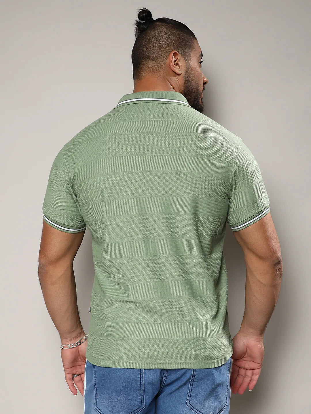 Olive Green Self-Design Horizontal Striped T-Shirt