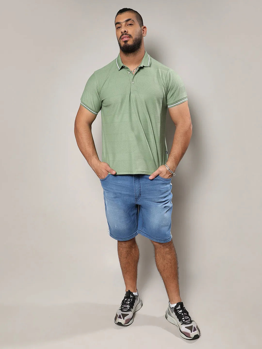 Olive Green Self-Design Horizontal Striped T-Shirt