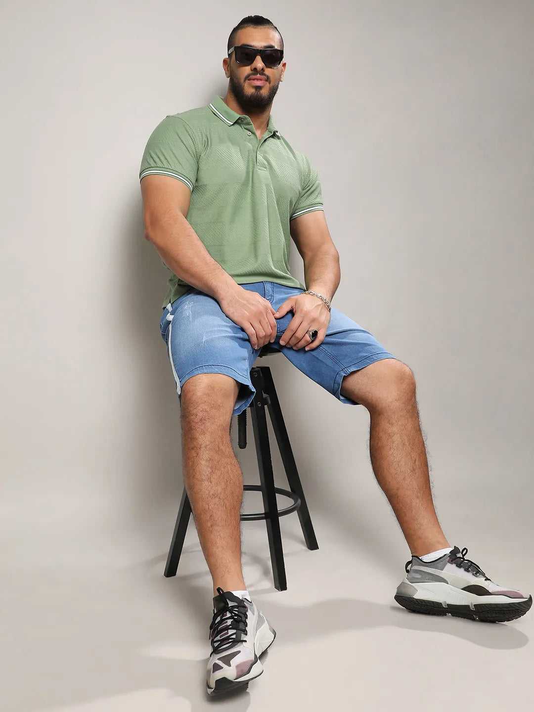 Olive Green Self-Design Horizontal Striped T-Shirt