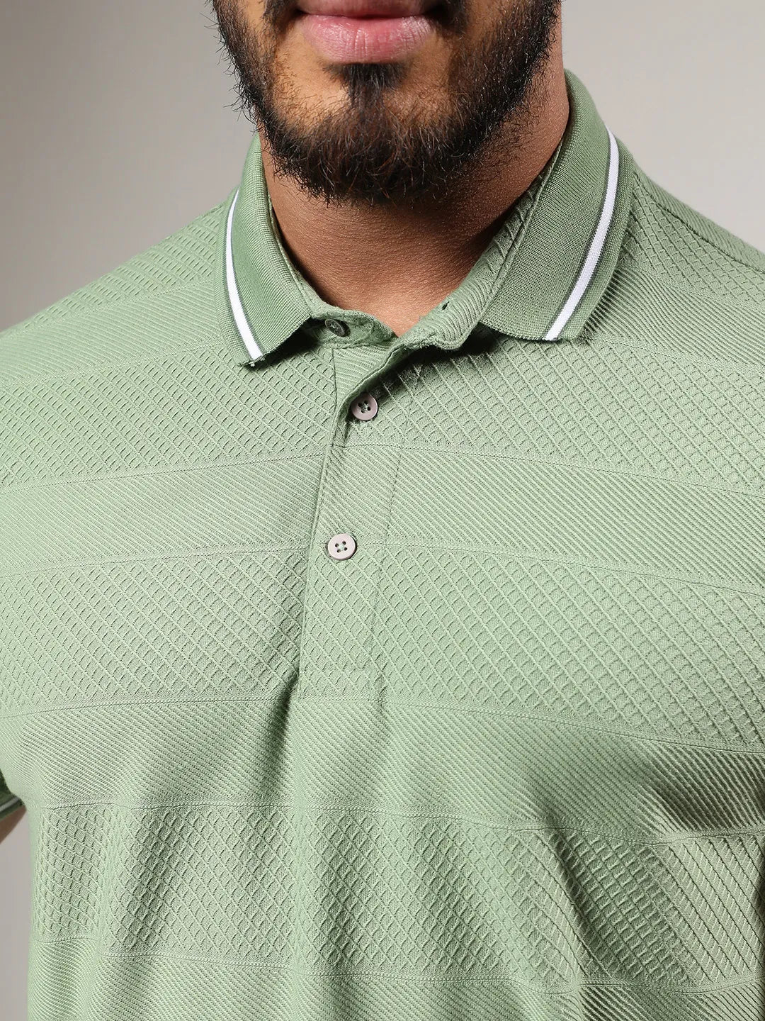 Olive Green Self-Design Horizontal Striped T-Shirt