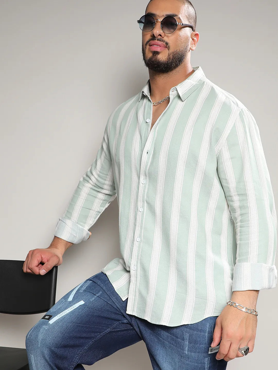 Sage Green & White Contrast Club Striped Shirt