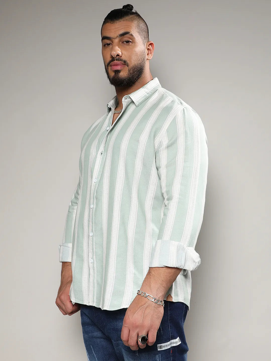 Sage Green & White Contrast Club Striped Shirt