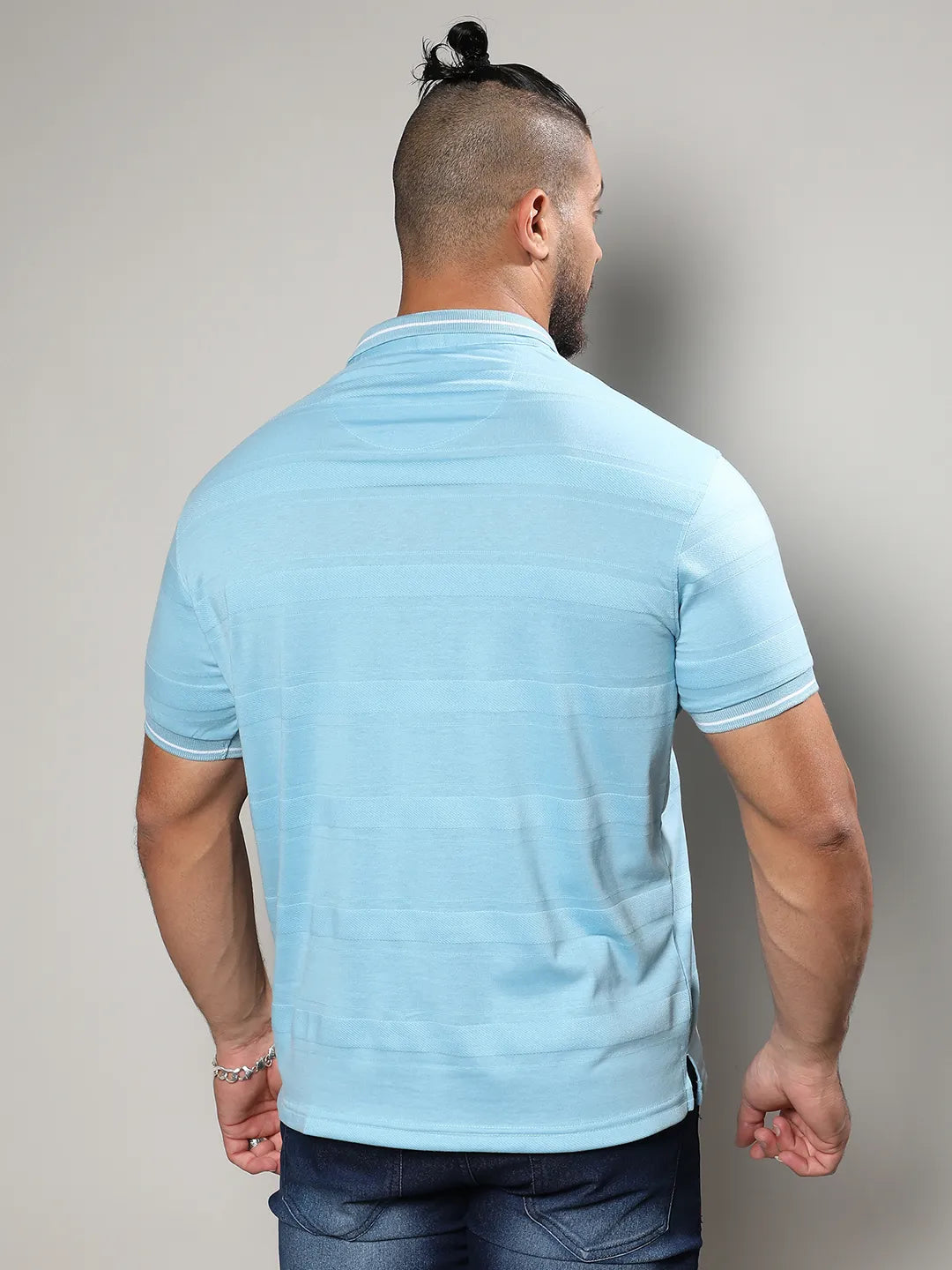 Sky Blue Self-Design Horizontal Striped T-Shirt
