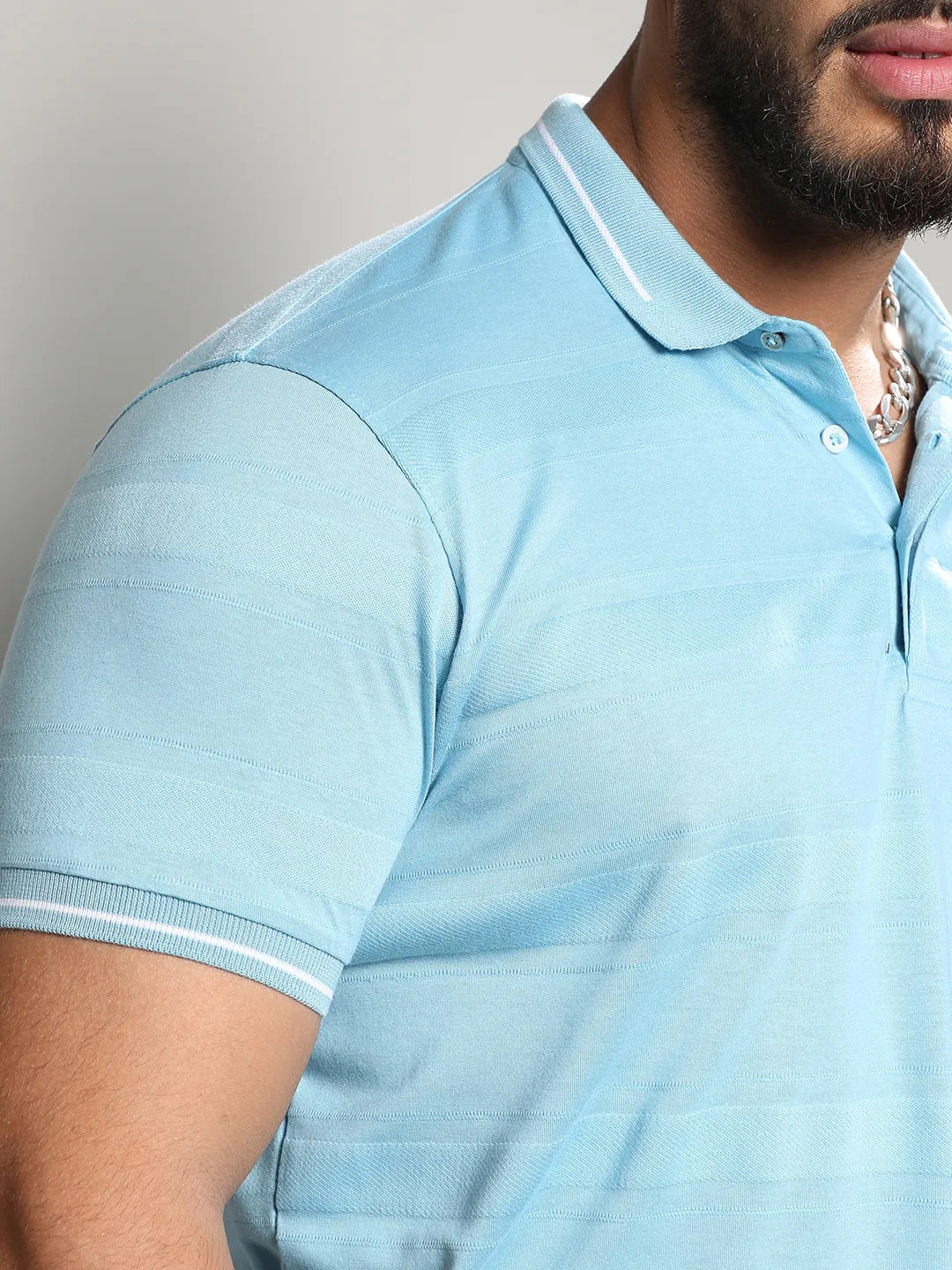 Sky Blue Self-Design Horizontal Striped T-Shirt