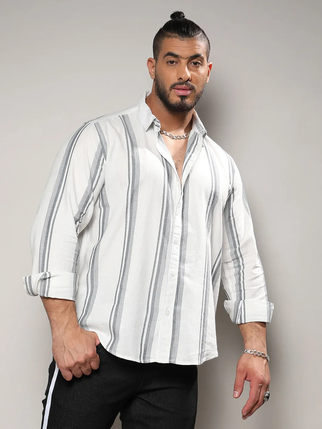White & Dark Grey Barcode Striped Shirt