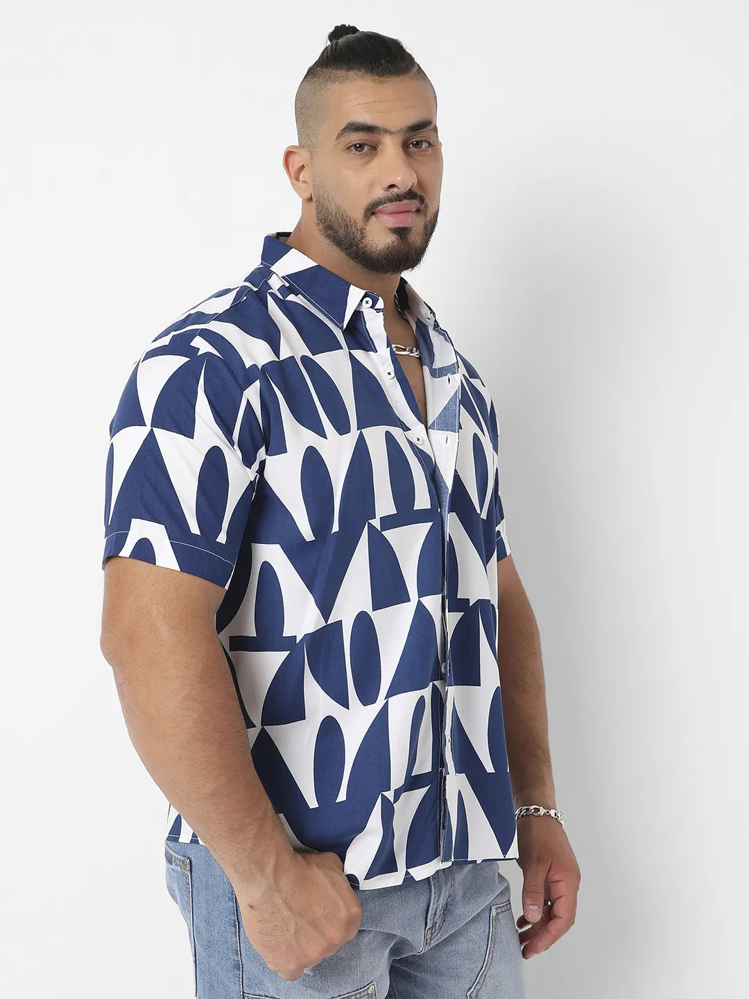 White & Indigo Blue Geometric Block Shirt