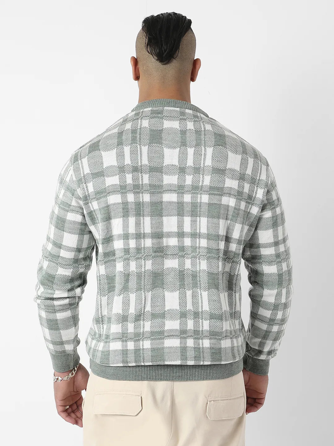 Olive Green Tartan Plaid Knitted Pullover Sweater