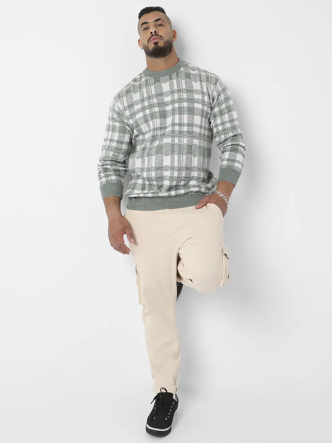 Olive Green Tartan Plaid Knitted Pullover Sweater