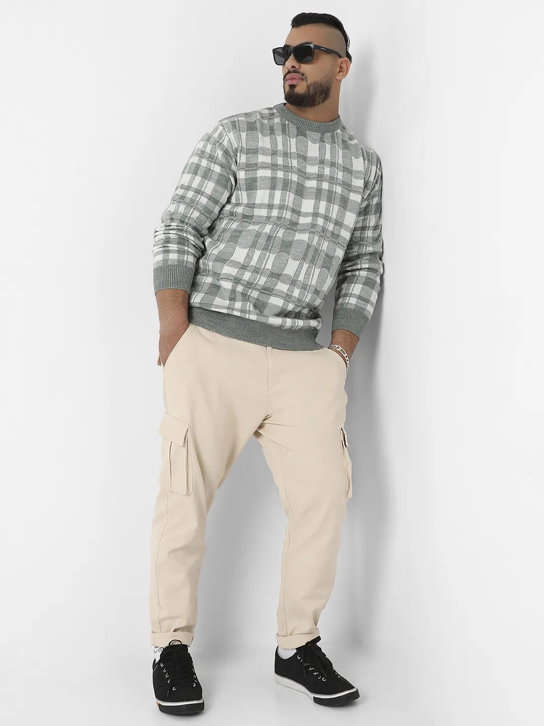 Olive Green Tartan Plaid Knitted Pullover Sweater