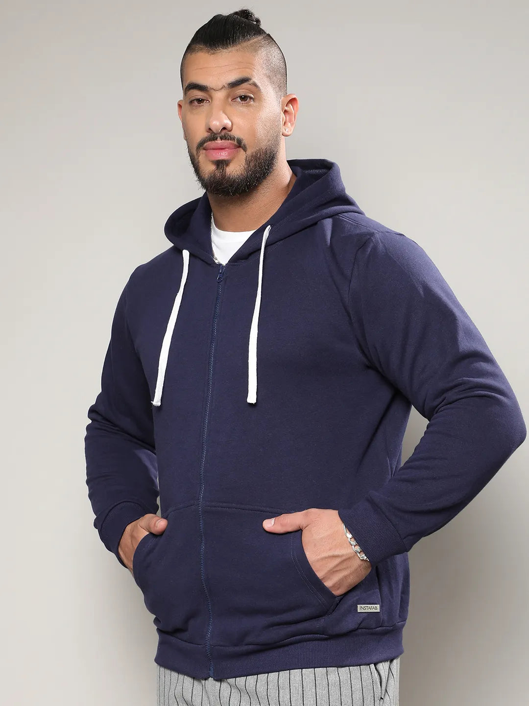 Navy Blue Zip-Front Hoodie With Contrast Drawstring