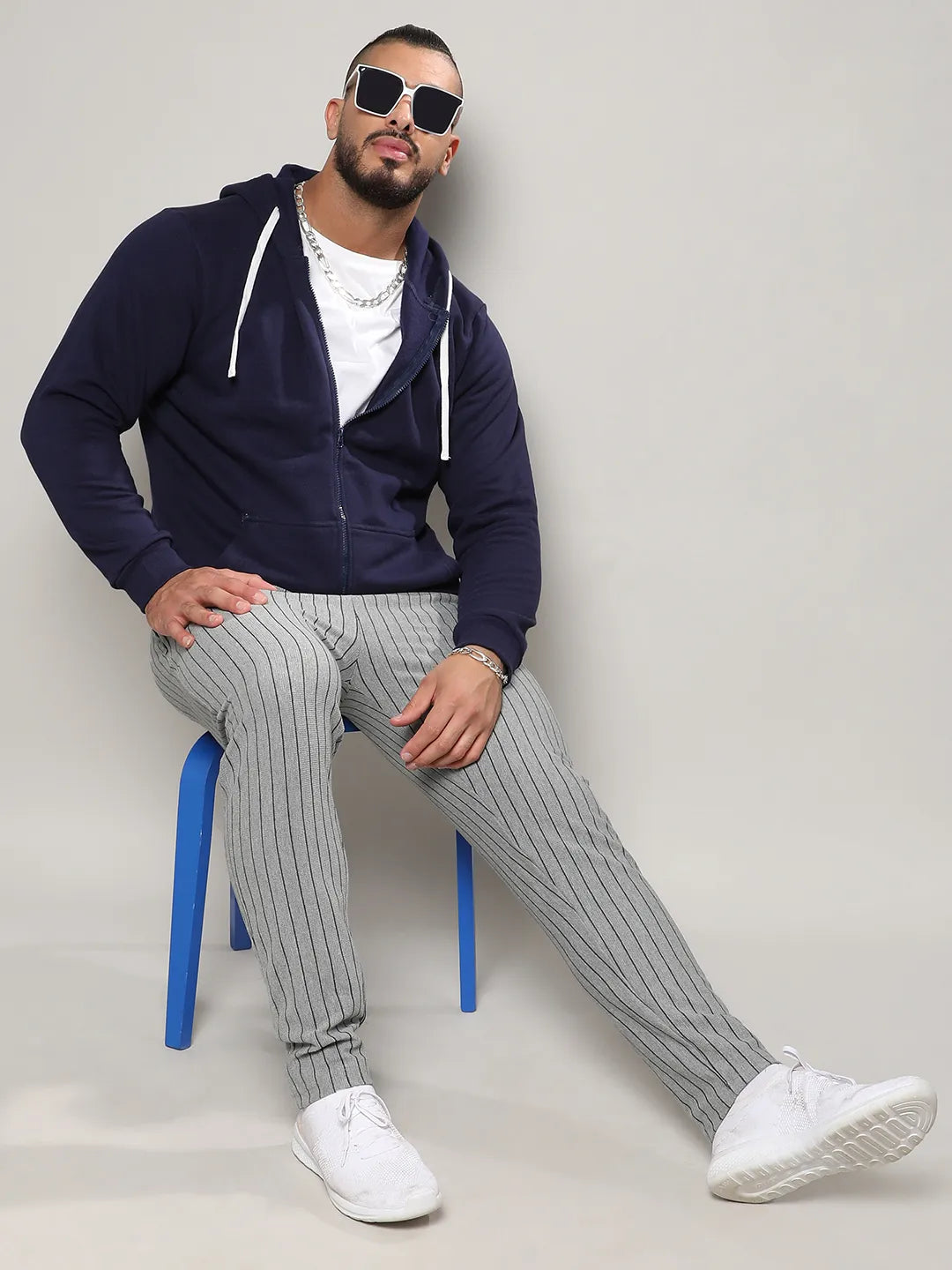 Navy Blue Zip-Front Hoodie With Contrast Drawstring
