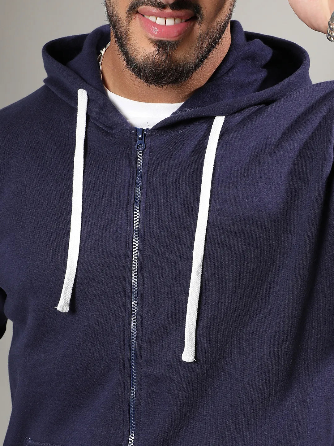 Navy Blue Zip-Front Hoodie With Contrast Drawstring