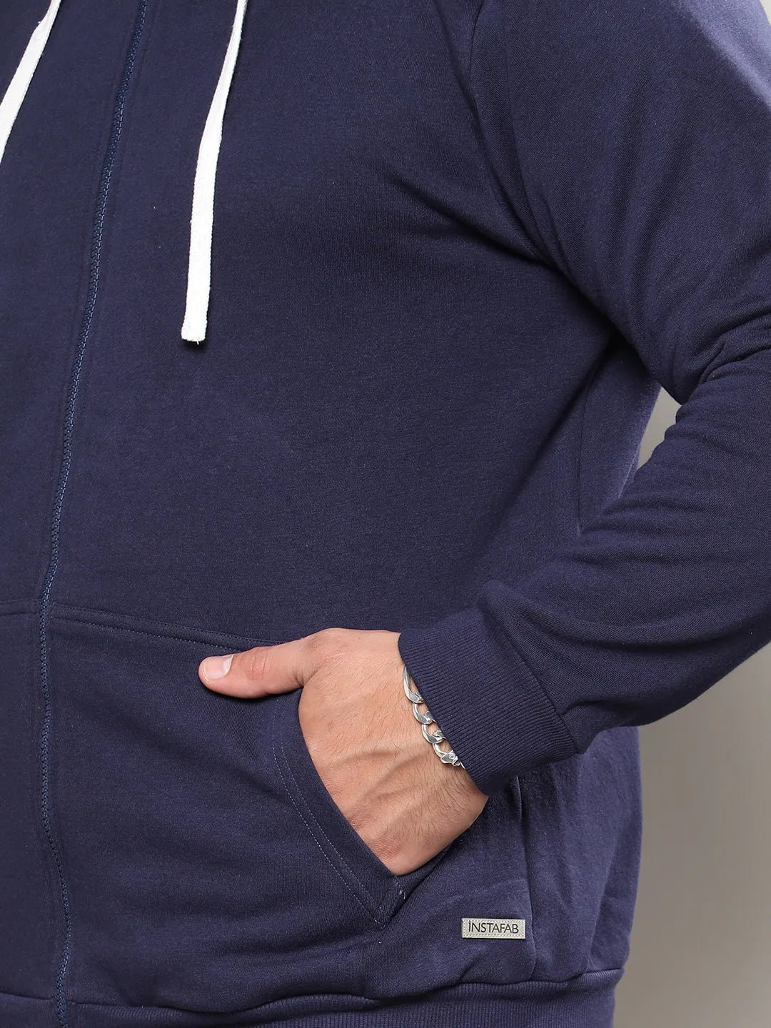 Navy Blue Zip-Front Hoodie With Contrast Drawstring