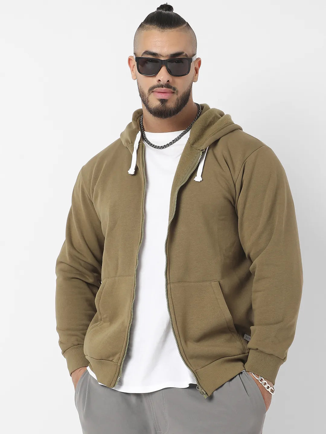 Olive Green Zip-Front Hoodie With Contrast Drawstring