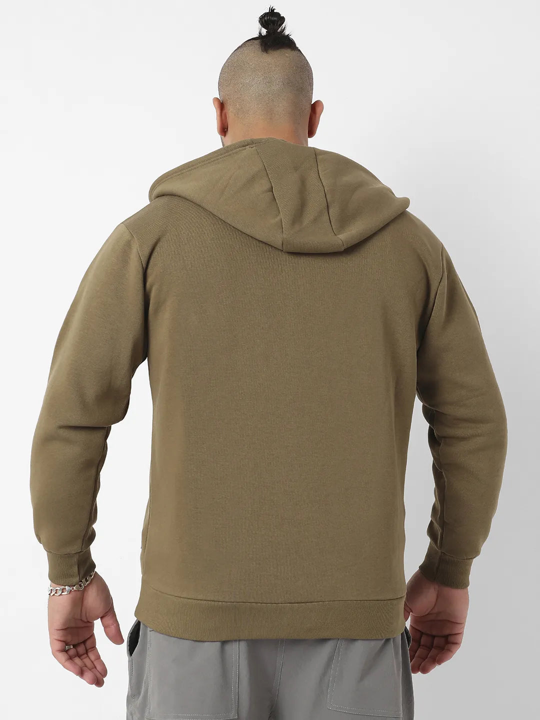 Olive Green Zip-Front Hoodie With Contrast Drawstring